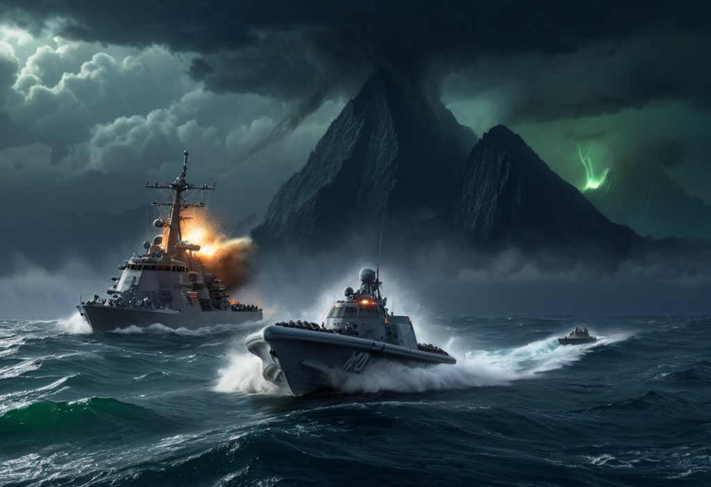 two boats fleeing an island in dark weather